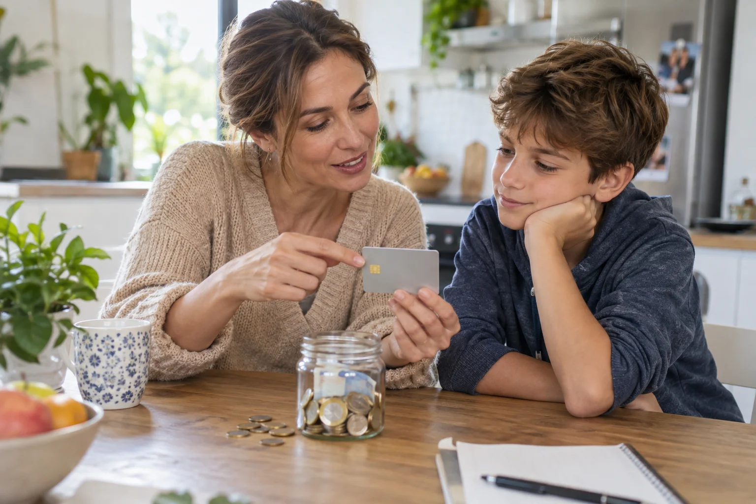 Den Start mit dem ersten Girokonto altersgerecht begleiten Eine Mutter erklärt ihrem Sohn eine Bankkarte neben einem Glas mit Münzen