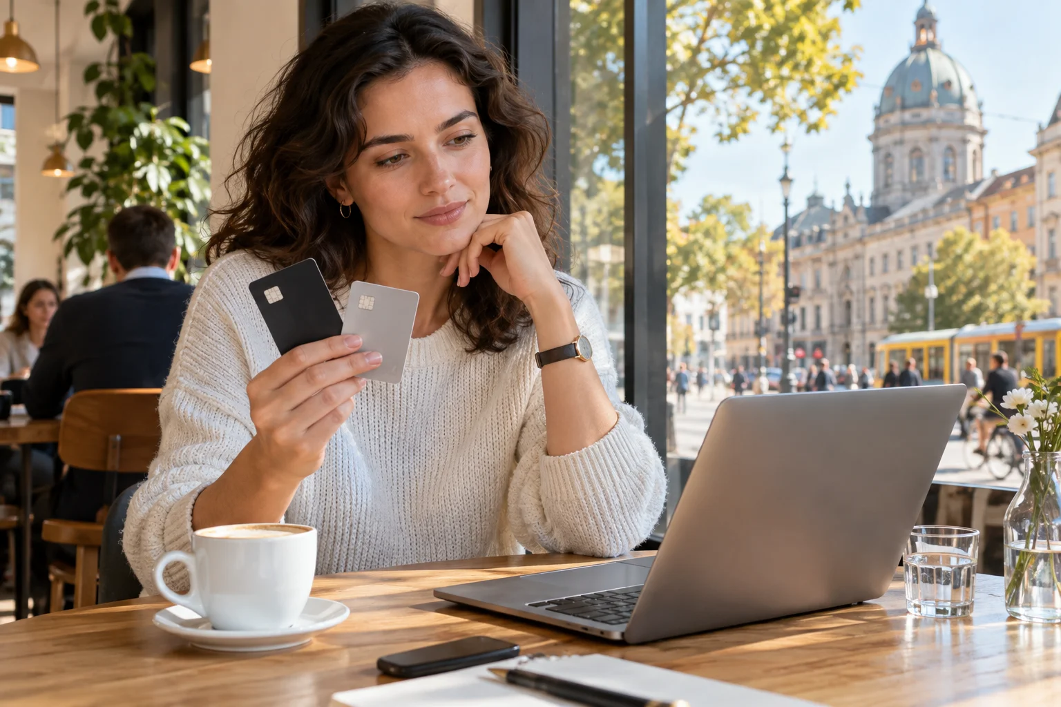 Eine Frau vergleicht zwei unbeschriftete Zahlungskarten neben einem Laptop im Café