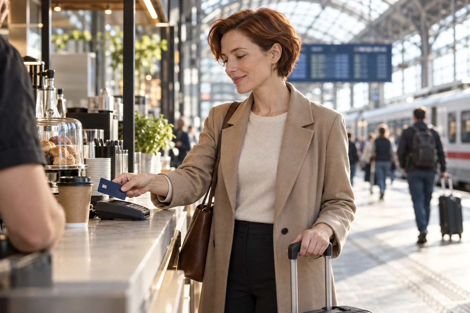 Frau bezahlt an einem Bahnhofscafé mit einer neutralen Karte