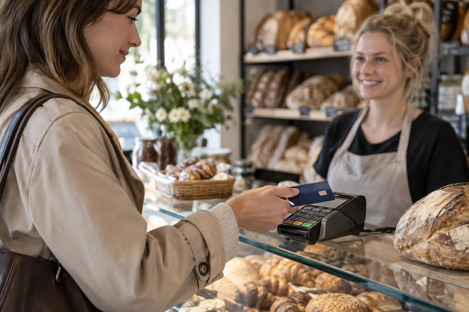 Eine Kundin bezahlt in einer Bäckerei mit einer Bankkarte am Terminal