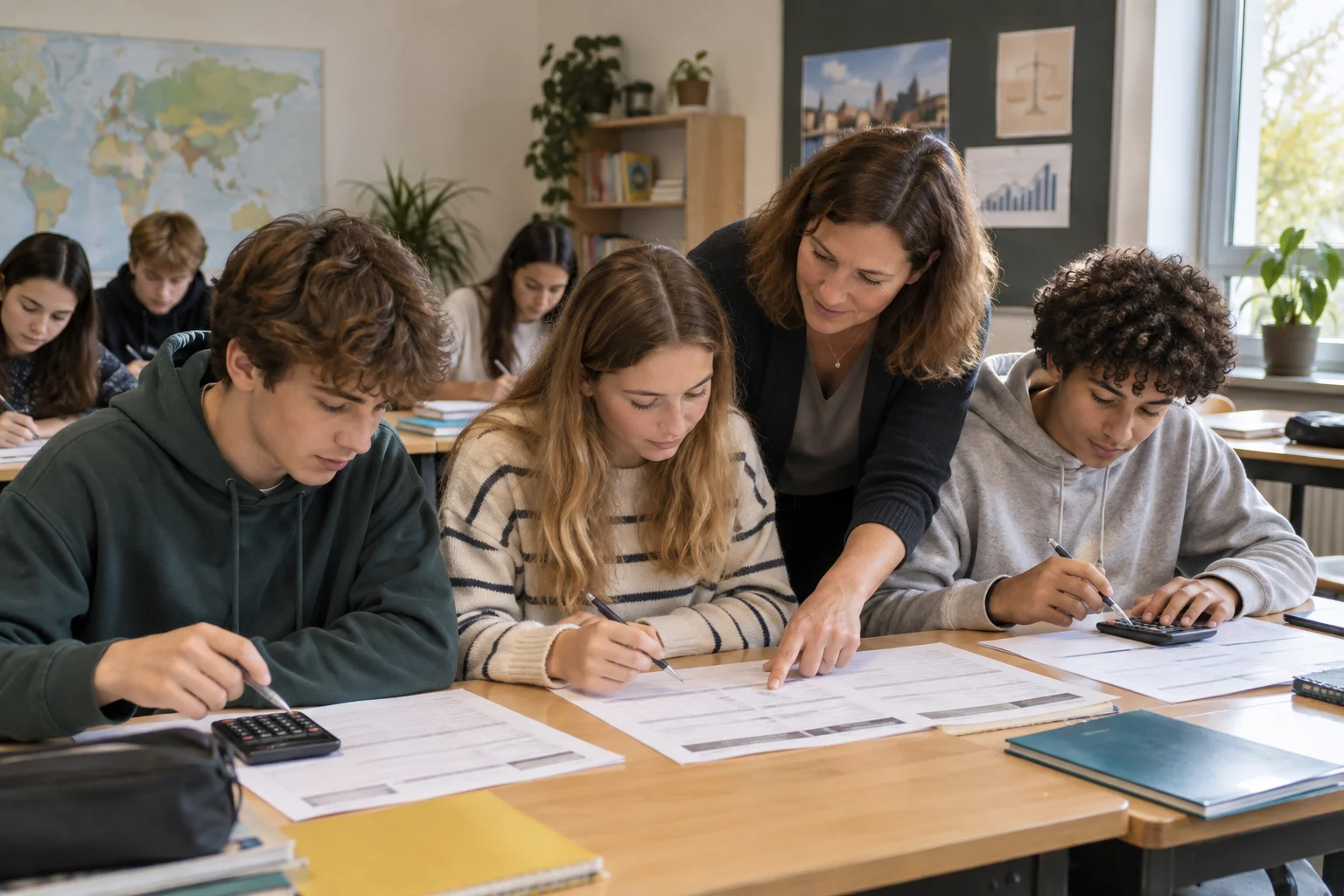 Eine Lehrerin unterstützt Jugendliche bei Arbeitsblättern und Taschenrechnern im Klassenzimmer