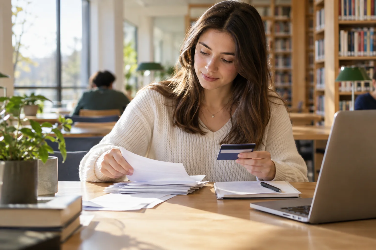 Die Definition des Girokontos über seine Zahlungsfunktion verstehen Junge Frau prüft Unterlagen und eine Zahlungskarte an einem Bibliothekstisch