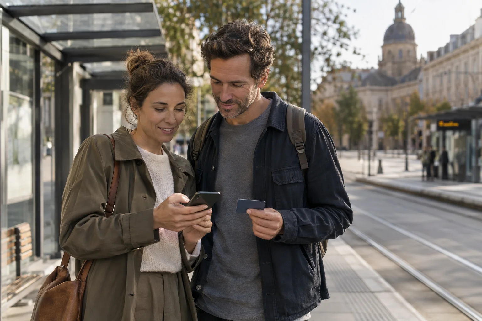 Paar prüft unterwegs Smartphone und Zahlungskarte an einer Haltestelle
