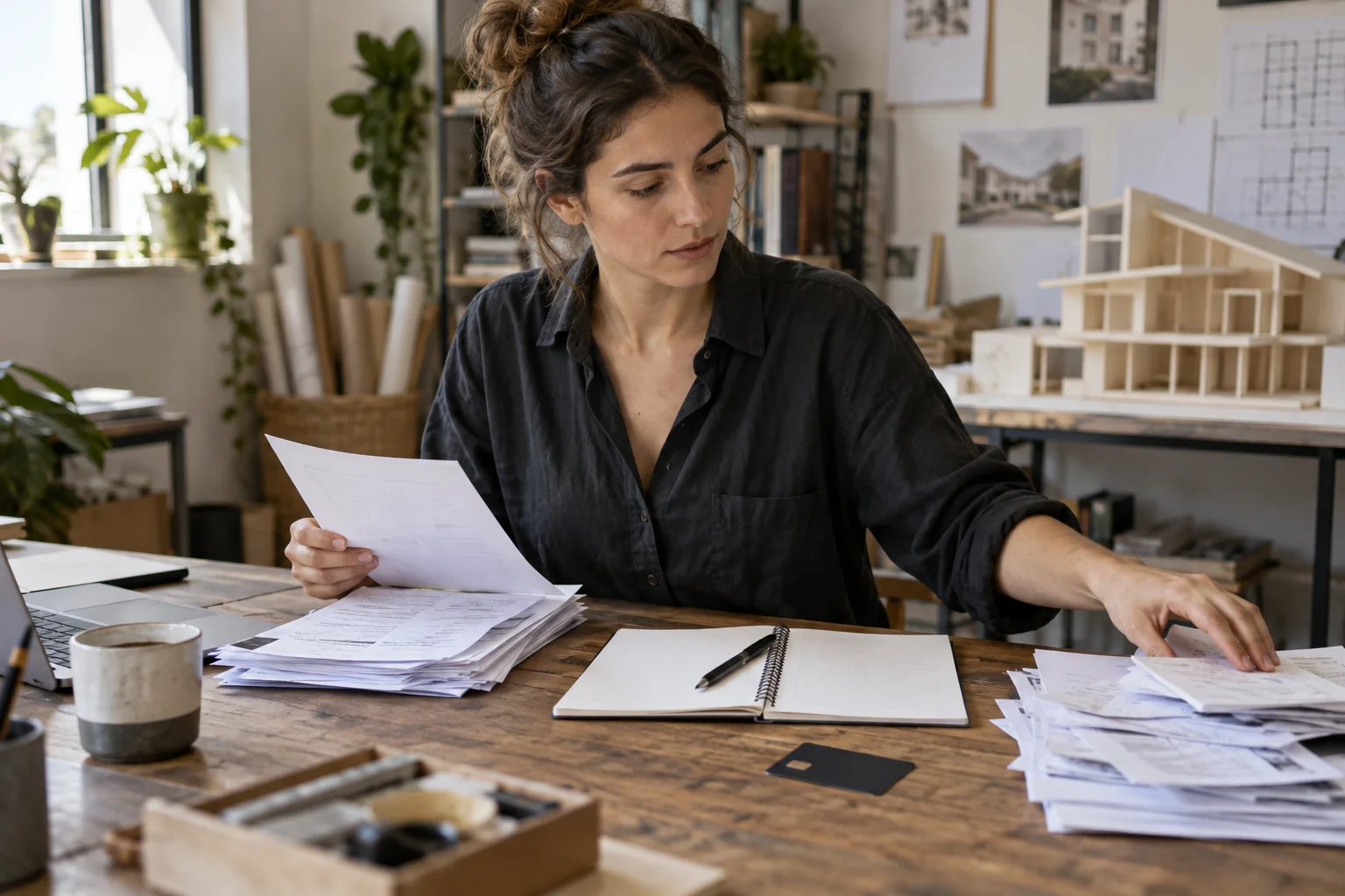 Eine Frau sortiert zwei Stapel von Unterlagen an einem Tisch in einem Architekturstudio