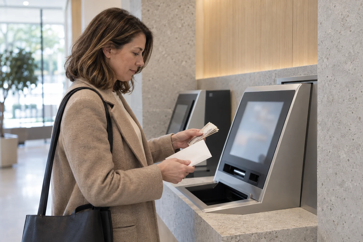 Eine Frau bereitet Banknoten für die Einzahlung an einem Bankautomaten vor