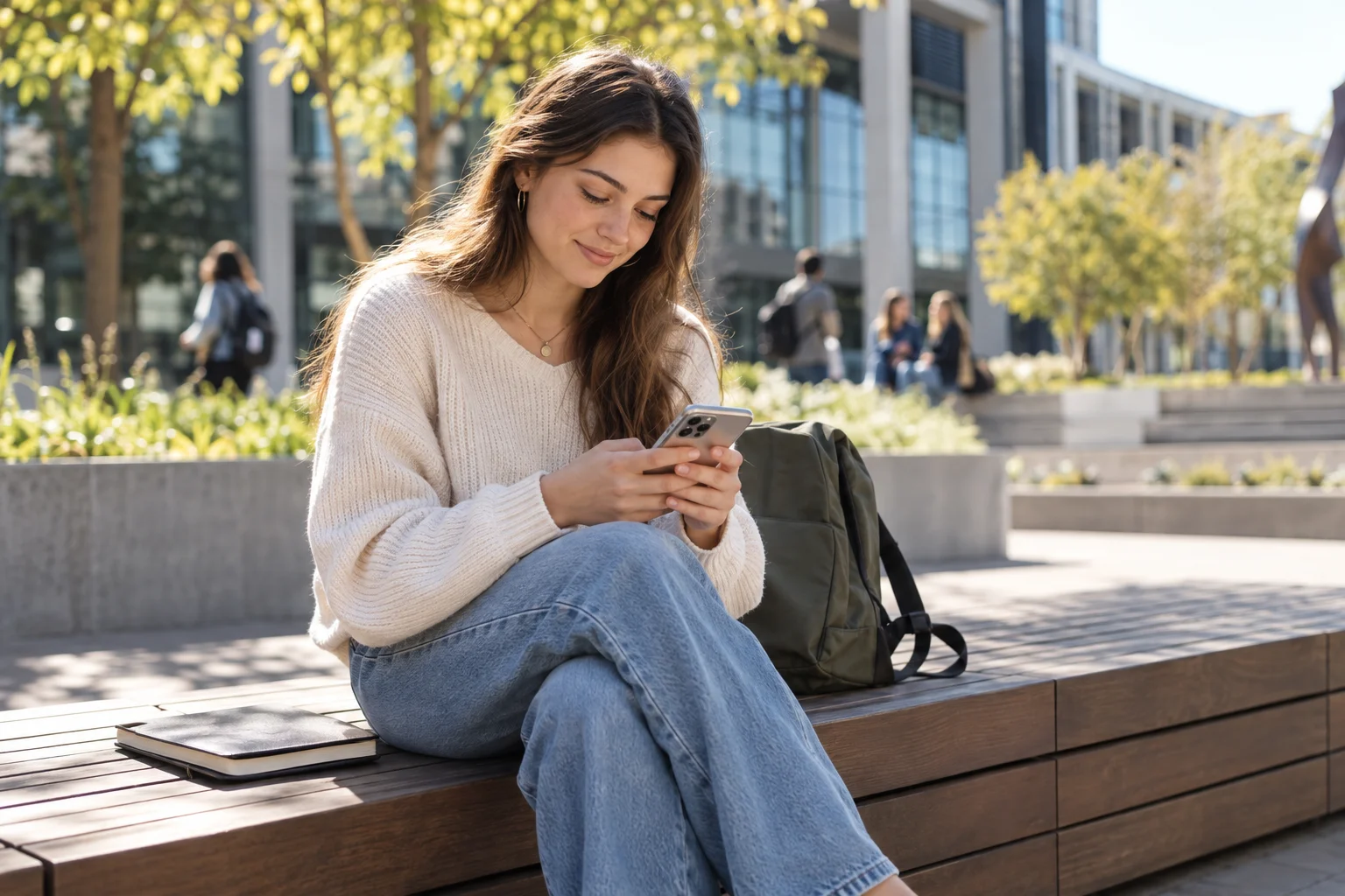 Girokonto mit 18: Eigene Verwaltung und Tarifprüfung Junge Erwachsene nutzt ihr Smartphone auf einer Bank im Hochschulinnenhof