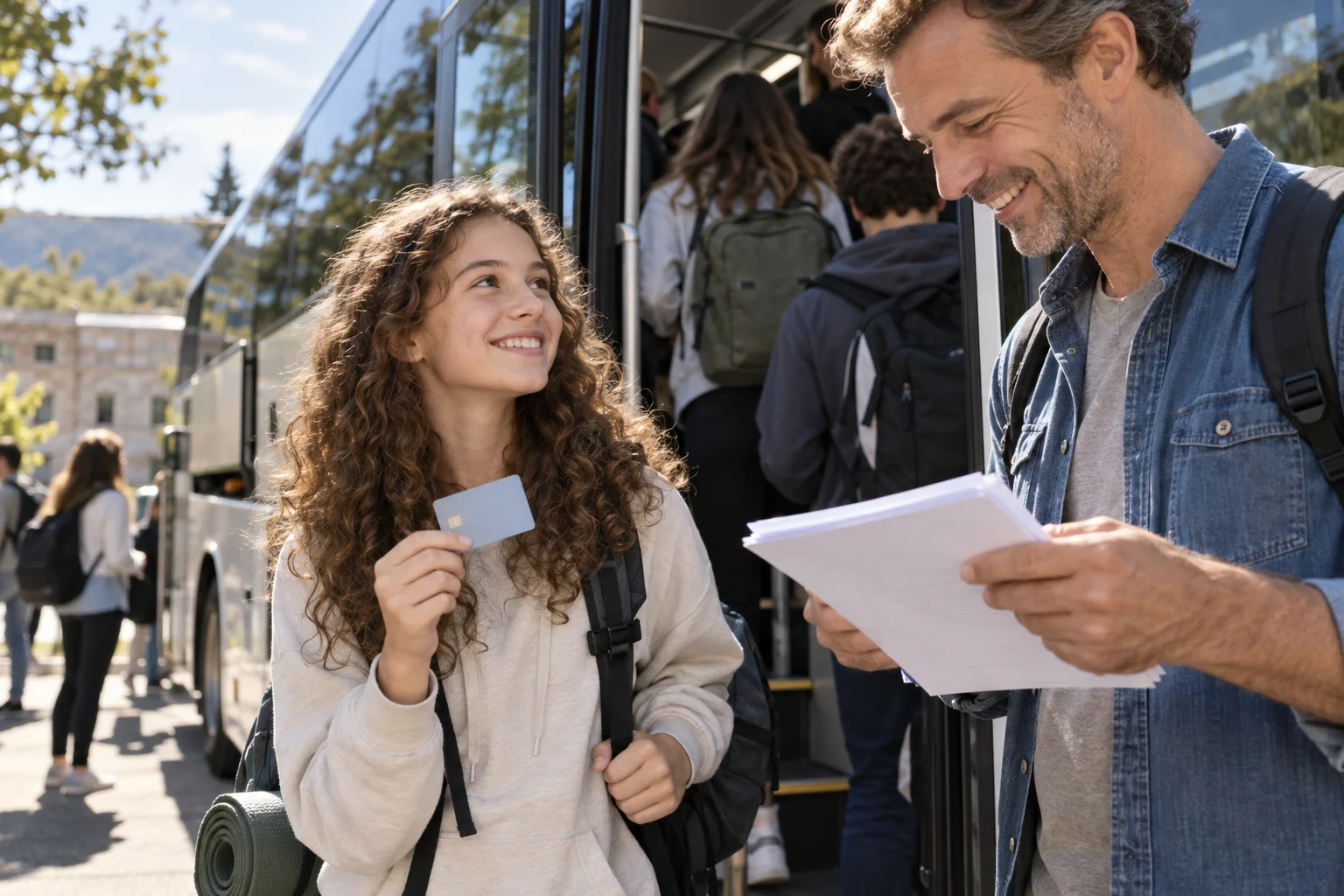 Ein Mädchen mit einer schlichten Karte und ihr Vater stehen neben einem Reisebus