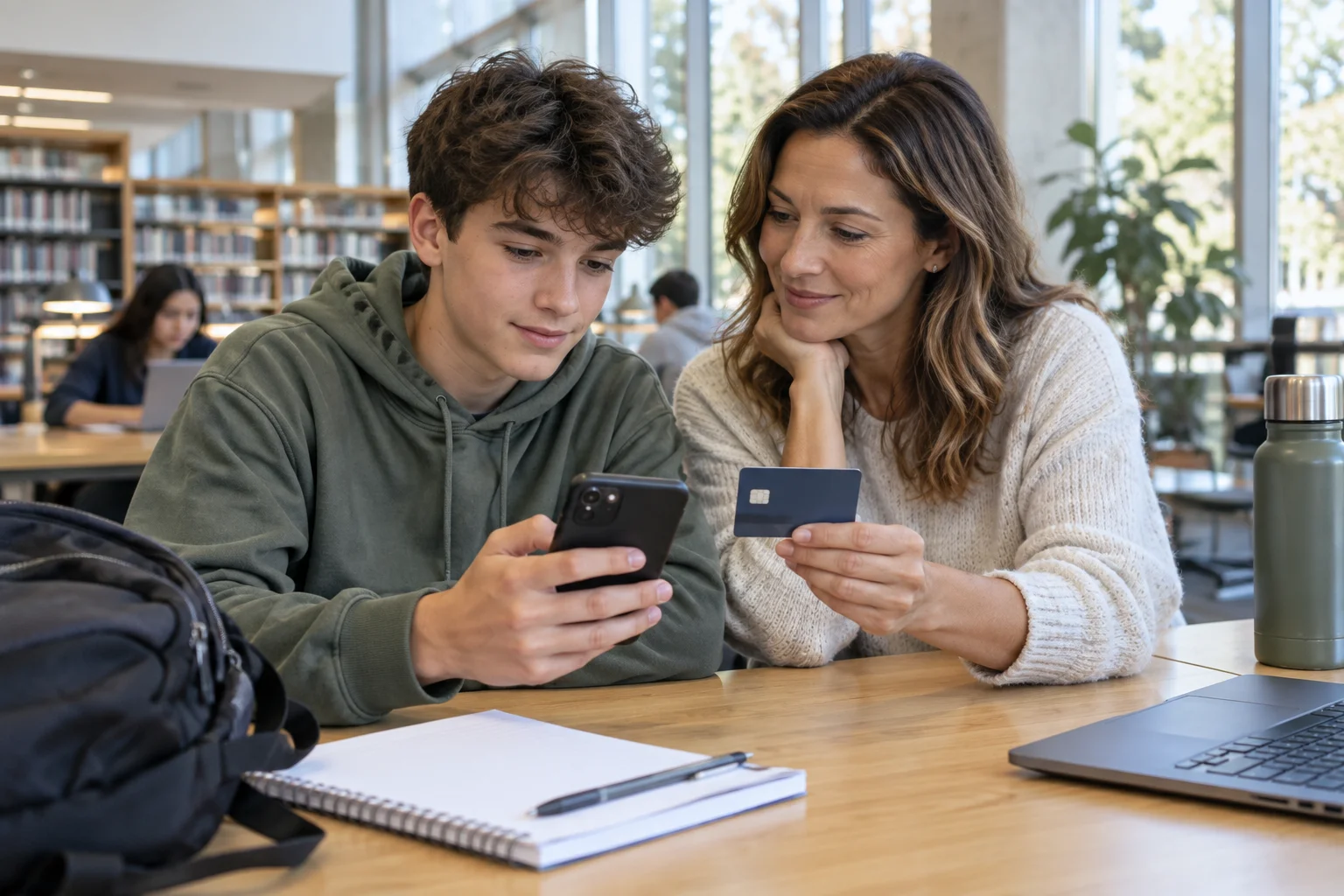 Ein Jugendlicher und seine Mutter betrachten ein Smartphone und eine Karte an einem Bibliothekstisch