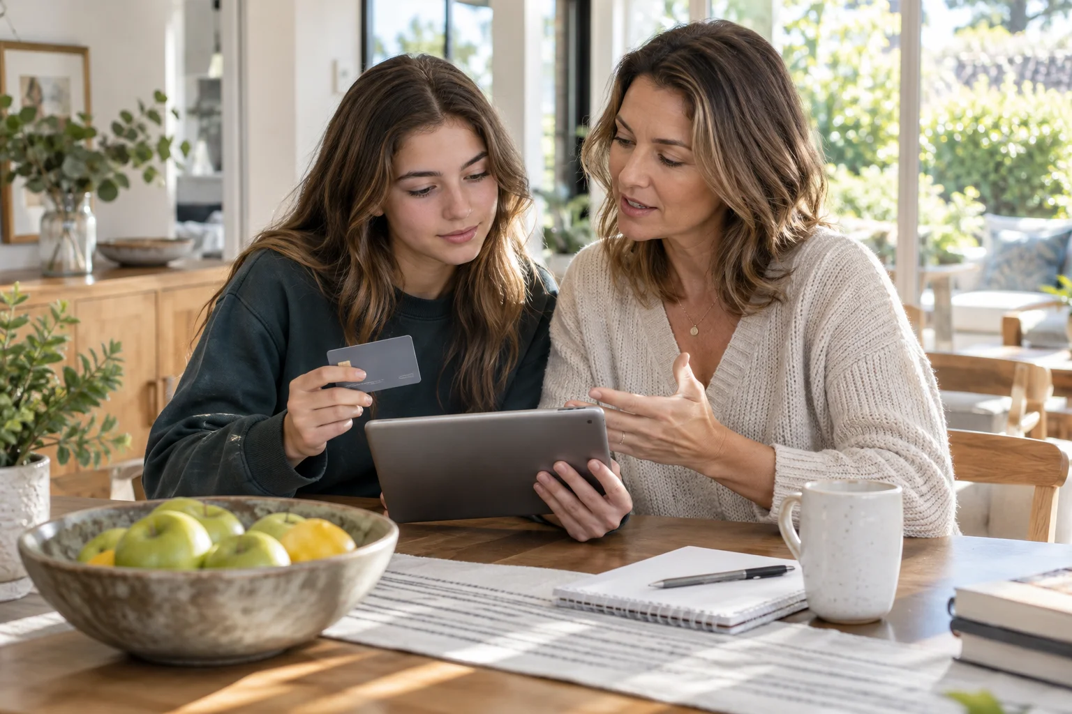 Eine Mutter erklärt ihrer jugendlichen Tochter mit einer Karte in der Hand das Banking am Tablet