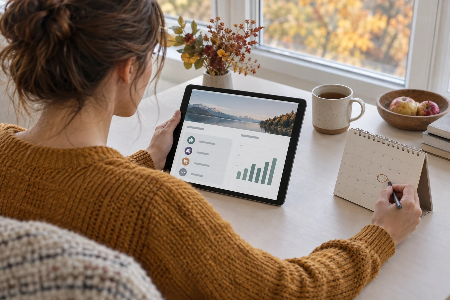 Fristen und Bedingungen eines Girokonto-Angebots einplanen Eine Frau prüft ein Tablet und markiert einen Termin auf einem Tischkalender