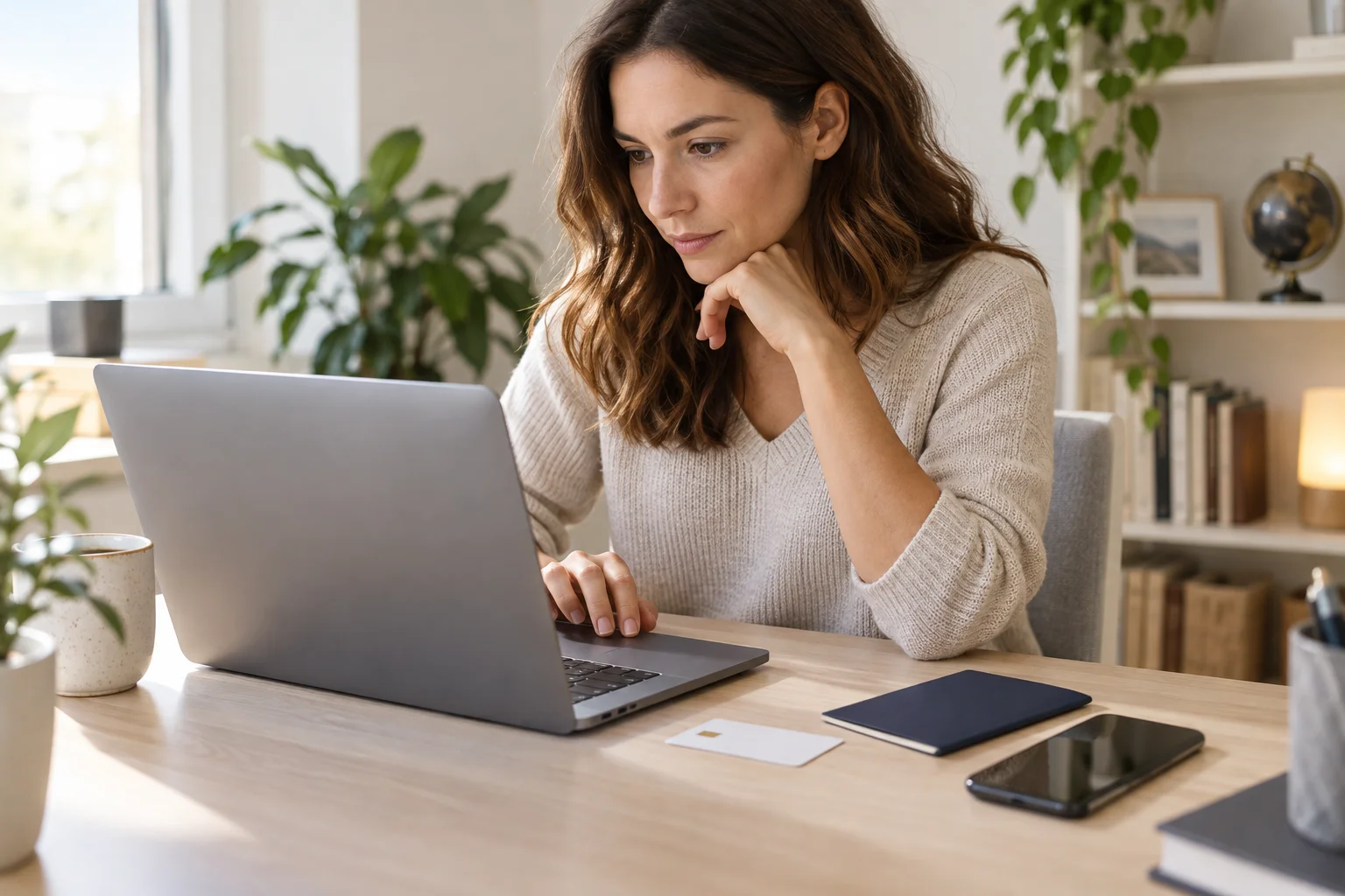 Eine Frau arbeitet am Laptop neben Ausweishülle, Smartphone und einer schlichten Karte