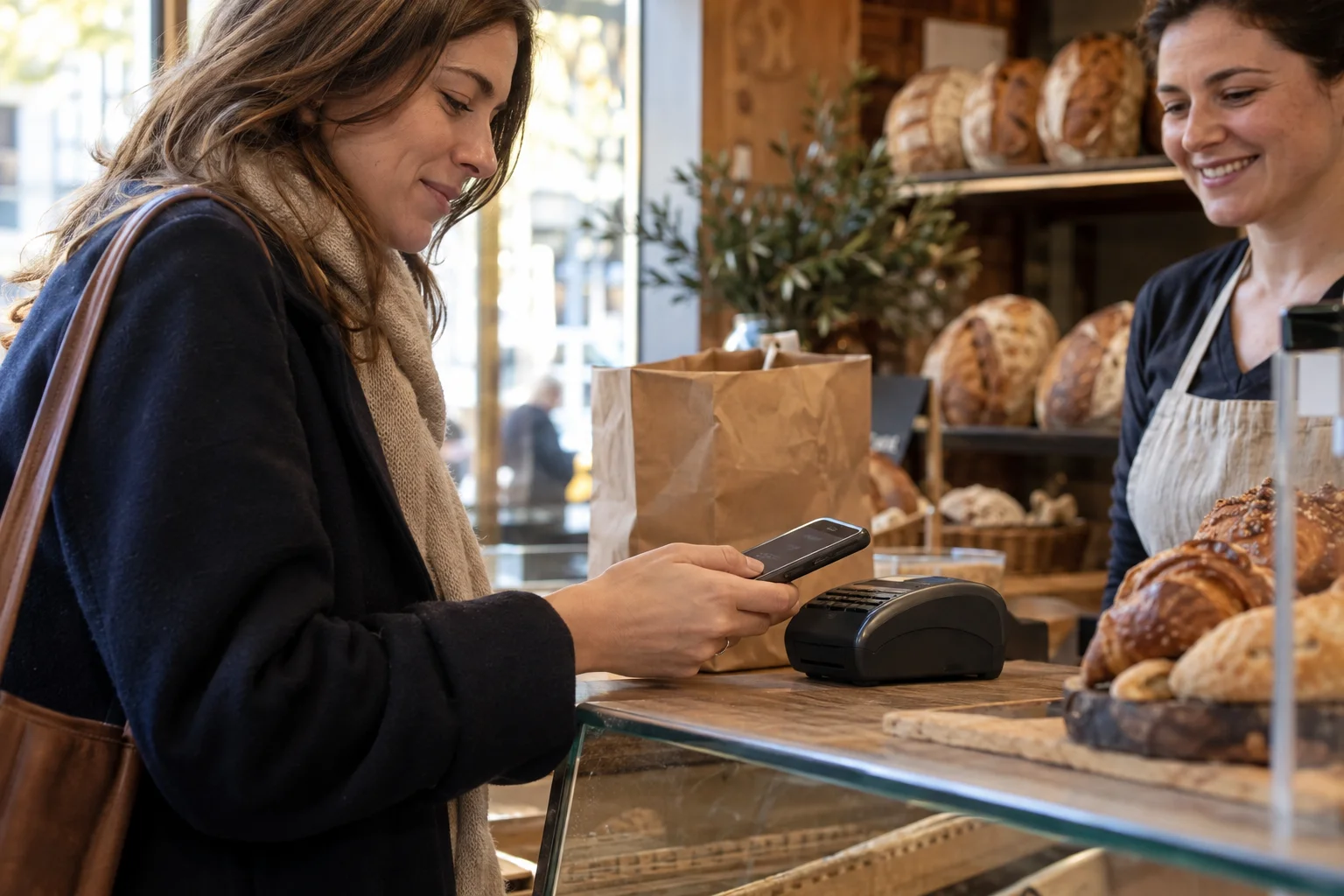 Girokonto mit Apple Pay: Kontaktlos im Alltag bezahlen Eine Kundin hält ihr Smartphone zum Bezahlen an das Terminal einer Bäckerei