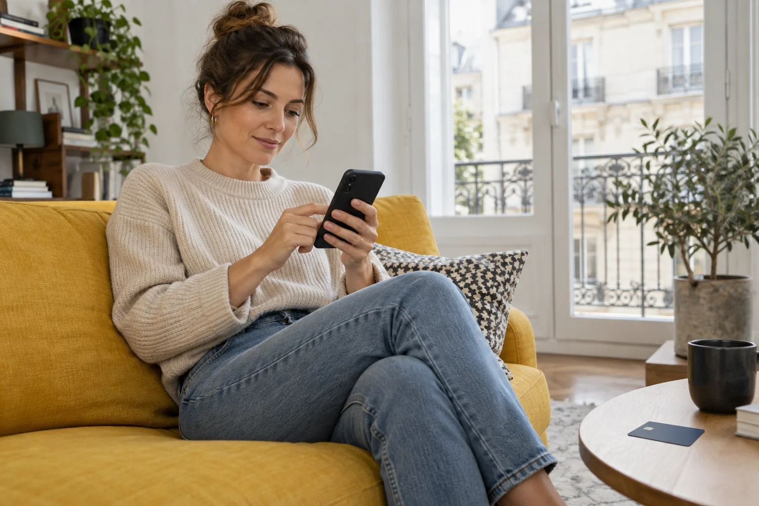 Eine Frau bedient ein Smartphone auf einem Sofa; auf dem Beistelltisch liegt eine Karte
