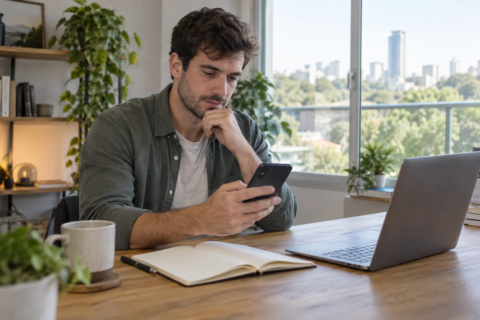 Mann prüft eine Smartphone-Anzeige neben Laptop und offenem Notizbuch am Fenster