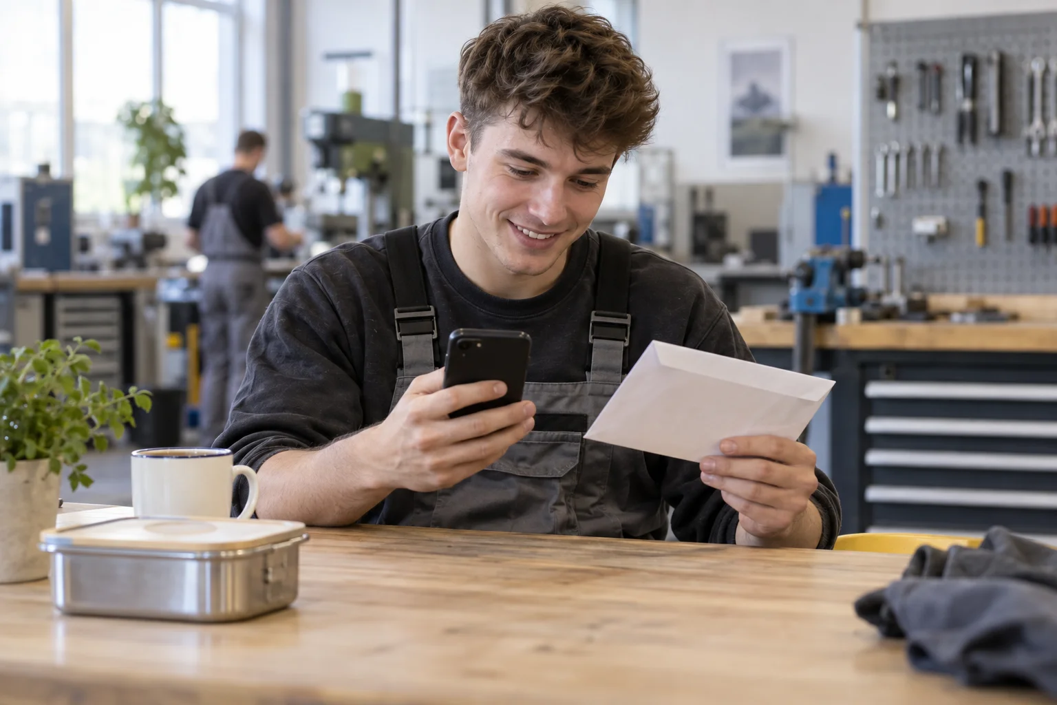 Ein junger Auszubildender in Arbeitskleidung prüft ein Smartphone und einen neutralen Umschlag