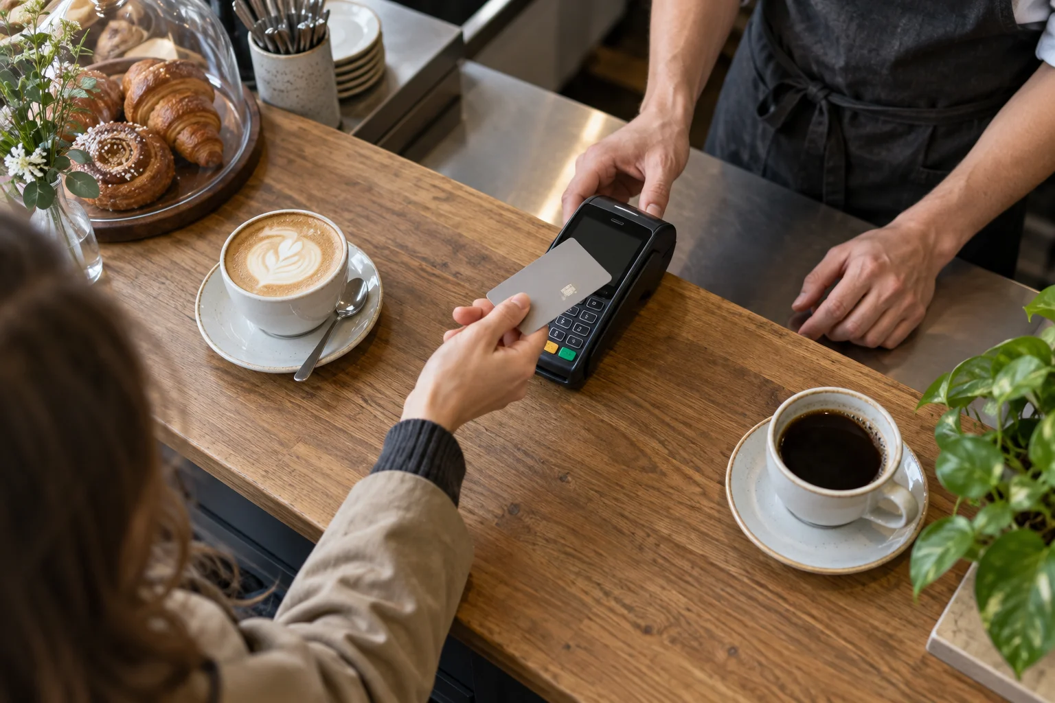 Eine Kundin hält eine schlichte Zahlungskarte an ein Lesegerät auf einem Café-Tresen