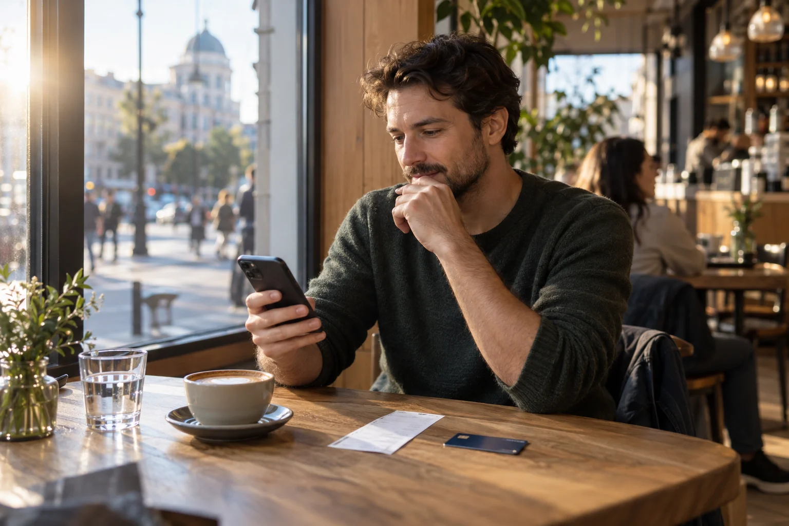 Girokonto-Bedeutung: Laufende Geldbewegungen verstehen Erwachsener betrachtet sein Smartphone an einem Cafétisch neben Karte und Beleg