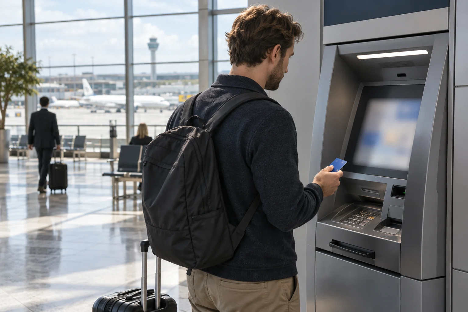 Ein Reisender mit Koffer hält eine blaue Karte vor einem neutralen Geldautomaten im Flughafen