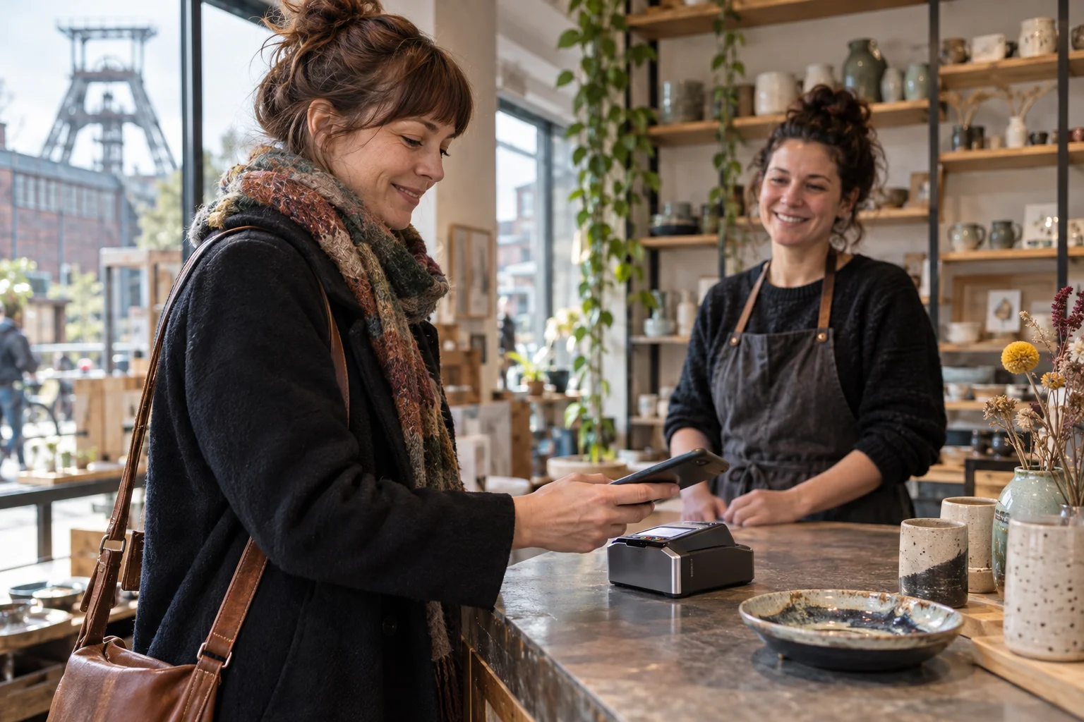 Eine Kundin bedient ihr Smartphone an einem Kartenterminal im kleinen Keramikgeschäft