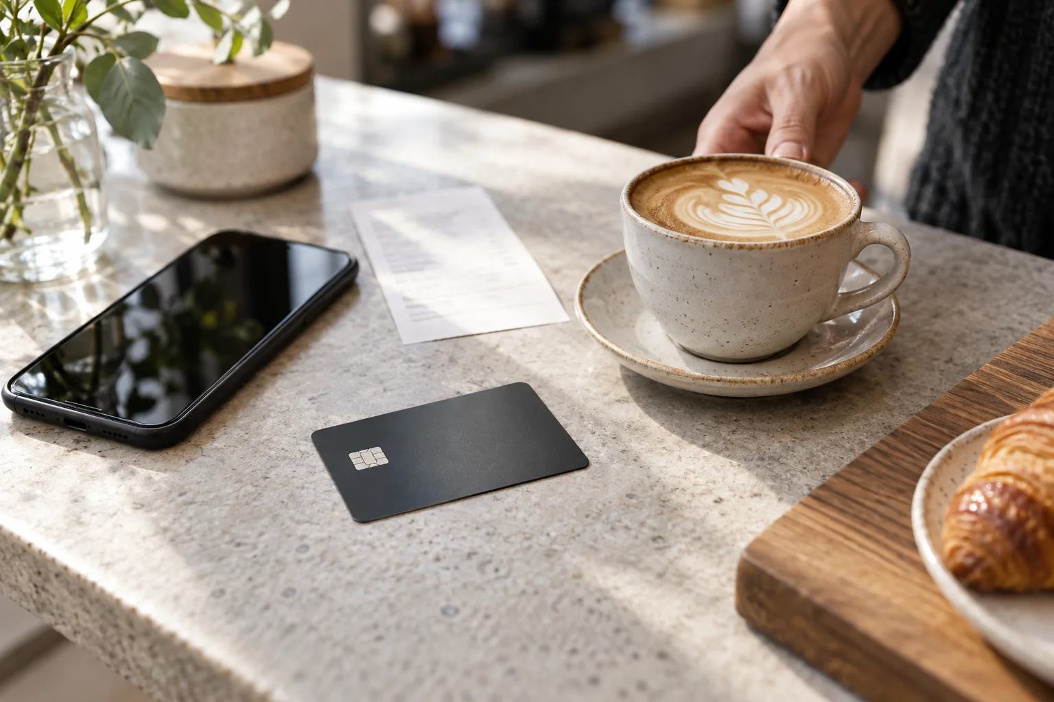 Neutrale Debitkarte und Smartphone neben Kaffeetasse und Einkaufsbeleg