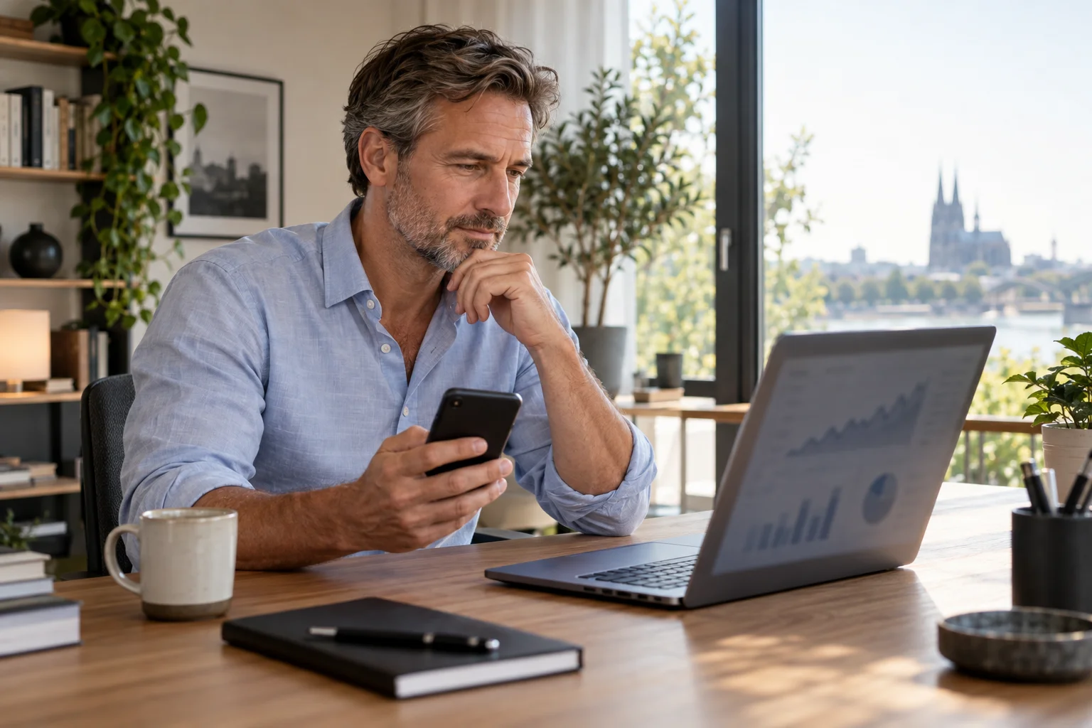 Ein Mann nutzt am Schreibtisch ein Smartphone und einen Laptop mit einer unscharfen Diagrammansicht