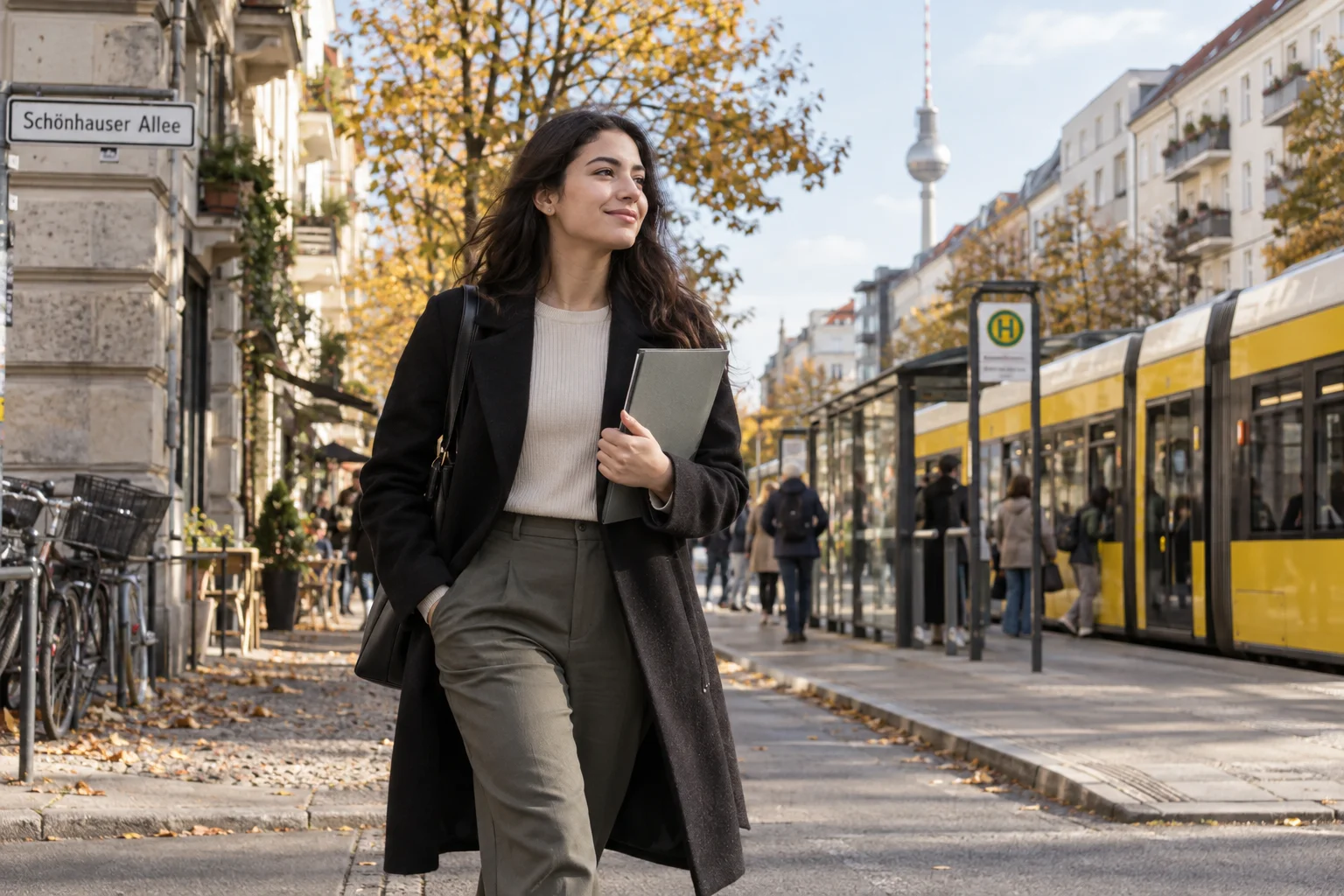 Eine junge Frau mit Unterlagenmappe geht an einer Straßenbahnhaltestelle in Berlin vorbei