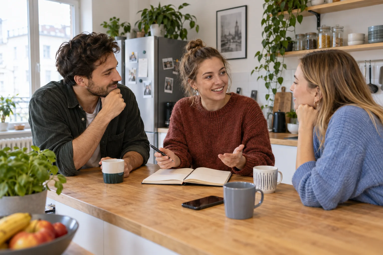 Drei erwachsene Mitbewohner besprechen ein Notizbuch und gemeinsame Ausgaben am Küchentisch