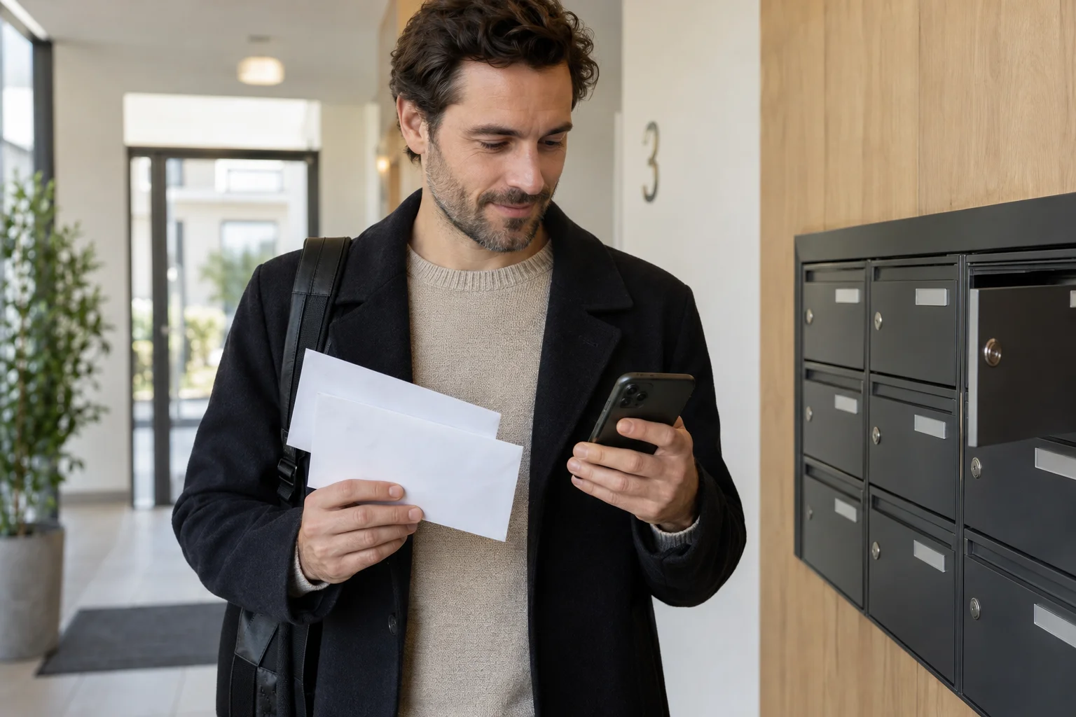 Ein Mann prüft sein Smartphone und Briefe vor einem Briefkasten