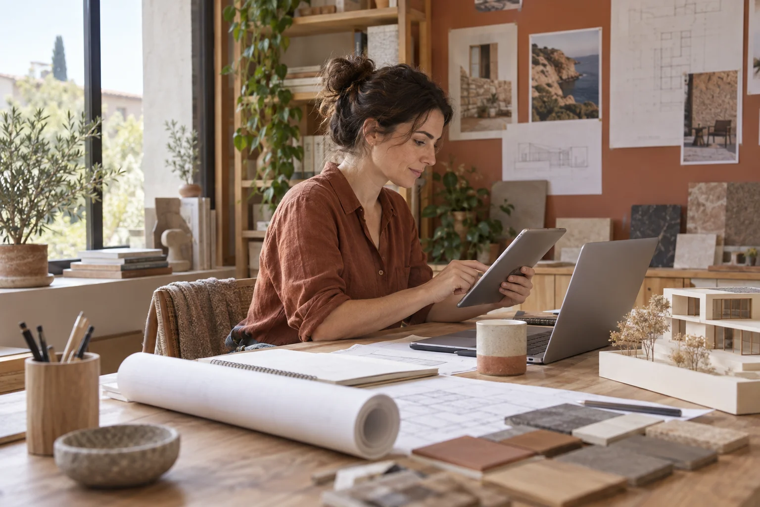 Eine freiberufliche Architektin arbeitet mit Tablet, Laptop und Planungsunterlagen in ihrem Studio