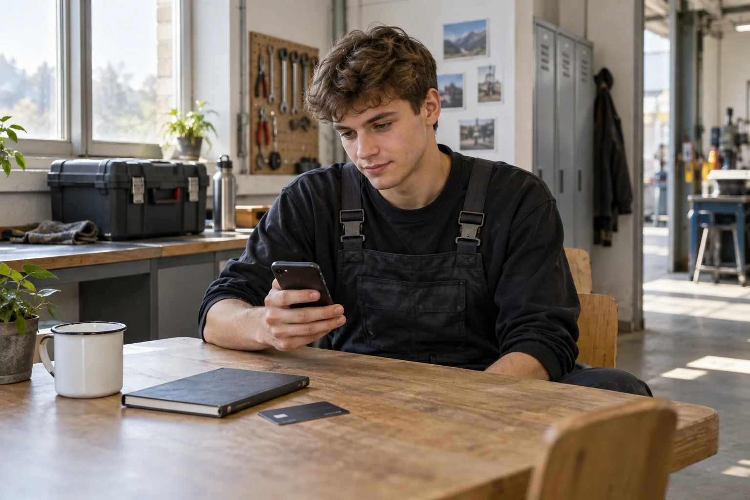 Girokonto für Azubis: Ausbildungsvergütung und Monatsplanung Auszubildender in Arbeitskleidung prüft sein Smartphone am Tisch eines Werkstatt-Pausenraums