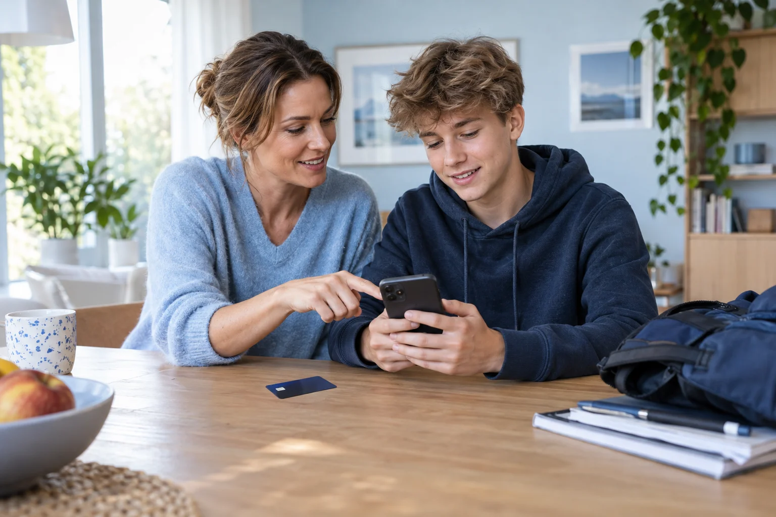 Eine Mutter und ihr jugendlicher Sohn betrachten gemeinsam ein Smartphone neben einer neutralen Karte