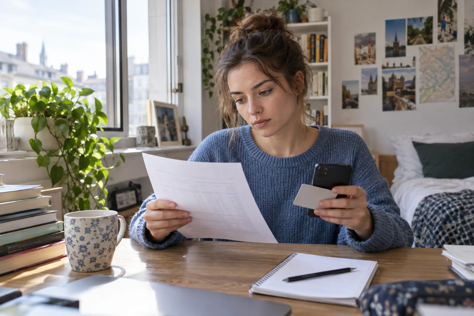 Studentin vergleicht Papierunterlagen und Smartphone am Schreibtisch ihrer Wohnung