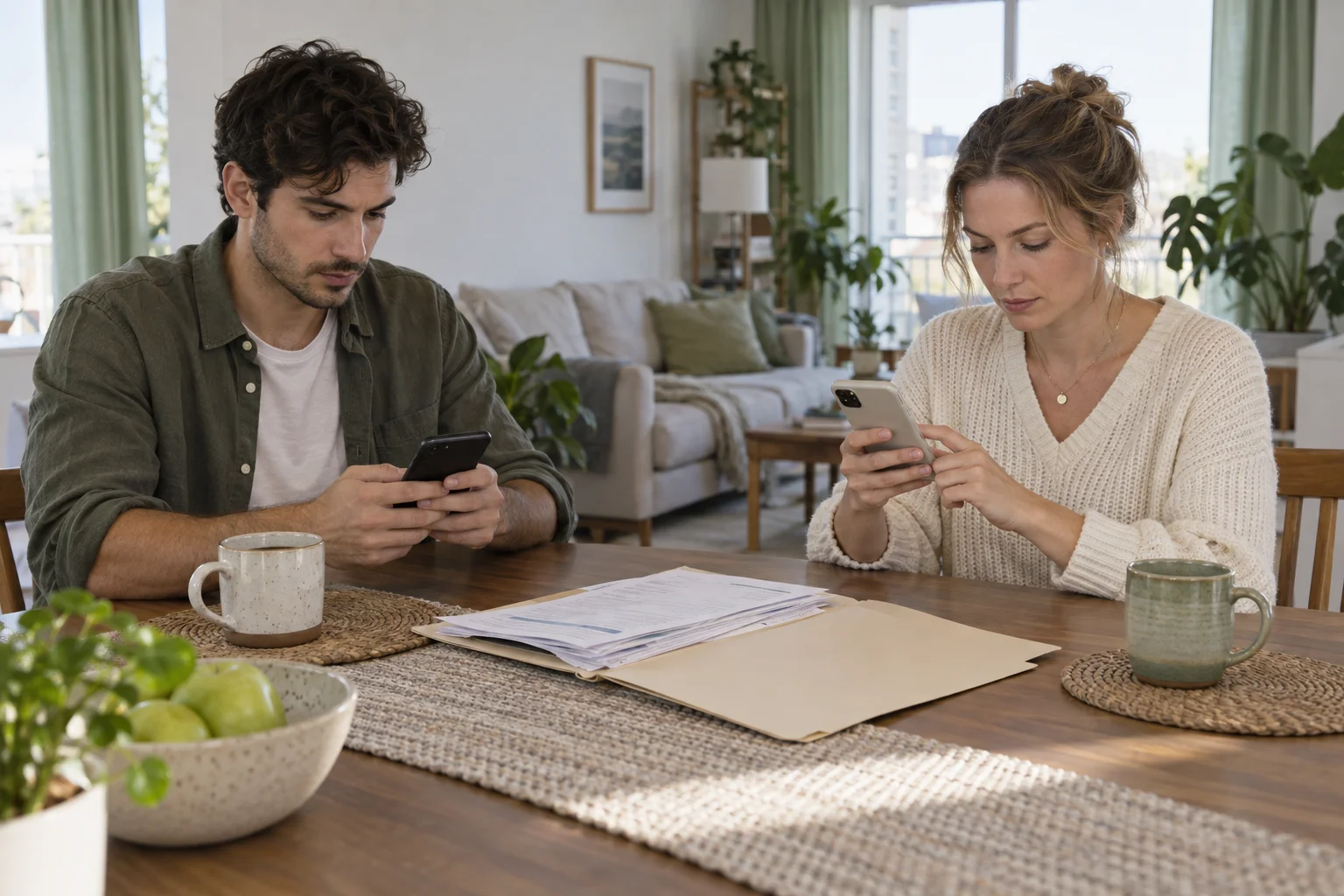 Girokonto als Gemeinschaftskonto: Getrennte Zugänge und gemeinsamer Zweck Zwei Erwachsene verwenden jeweils ein eigenes Smartphone neben gemeinsamen Unterlagen