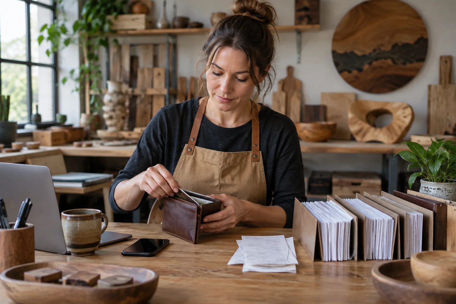 Handwerkerin ordnet an einem Werkstatttisch Geldbörse und Geschäftsunterlagen