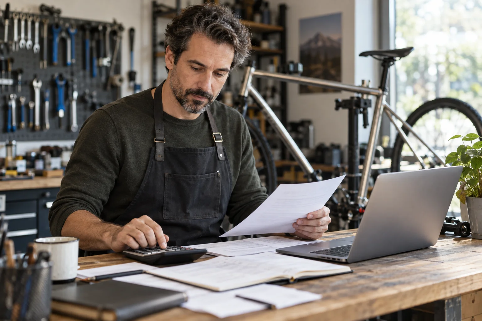 Ein Mann prüft Belege und einen Laptop auf der Werkbank einer Fahrradwerkstatt