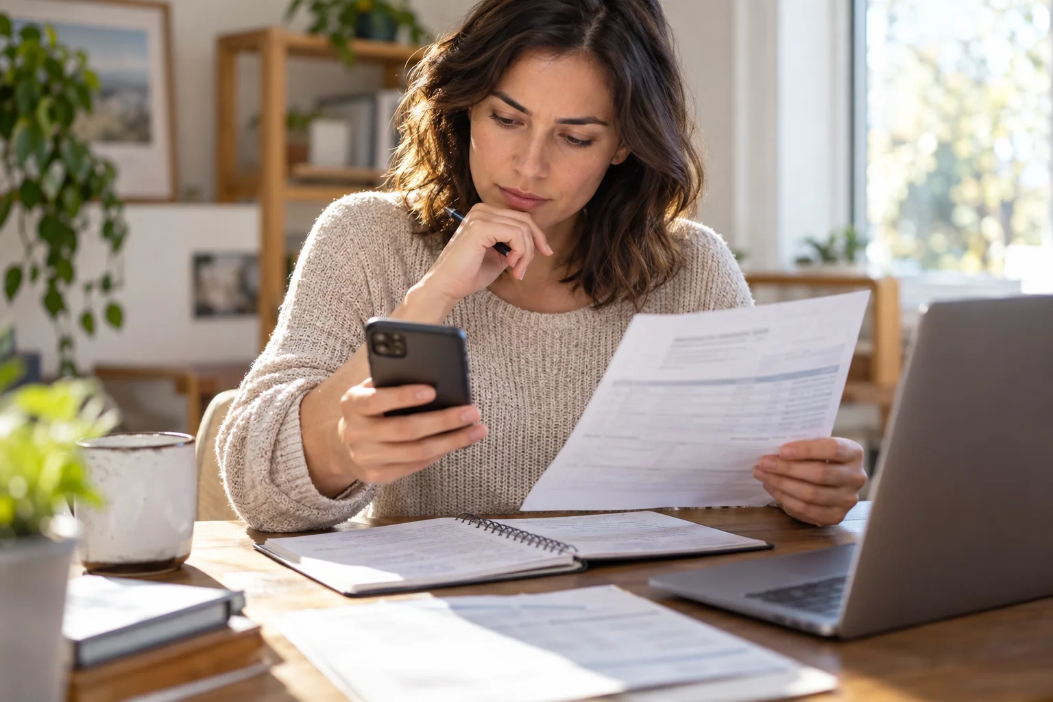 Eine Frau vergleicht eine Anzeige auf ihrem Smartphone mit Papierunterlagen am Schreibtisch