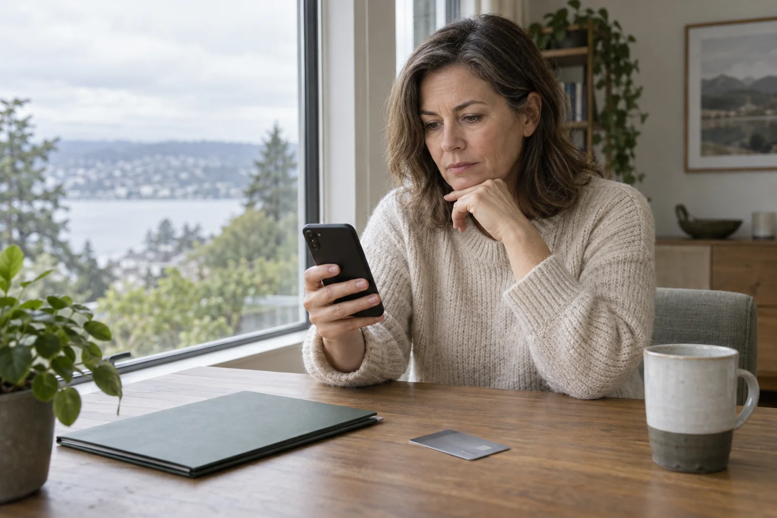 Girokonto gesperrt: Betroffenen Zugang klären Frau prüft ihr Smartphone neben einer neutralen Karte und einer geschlossenen Mappe