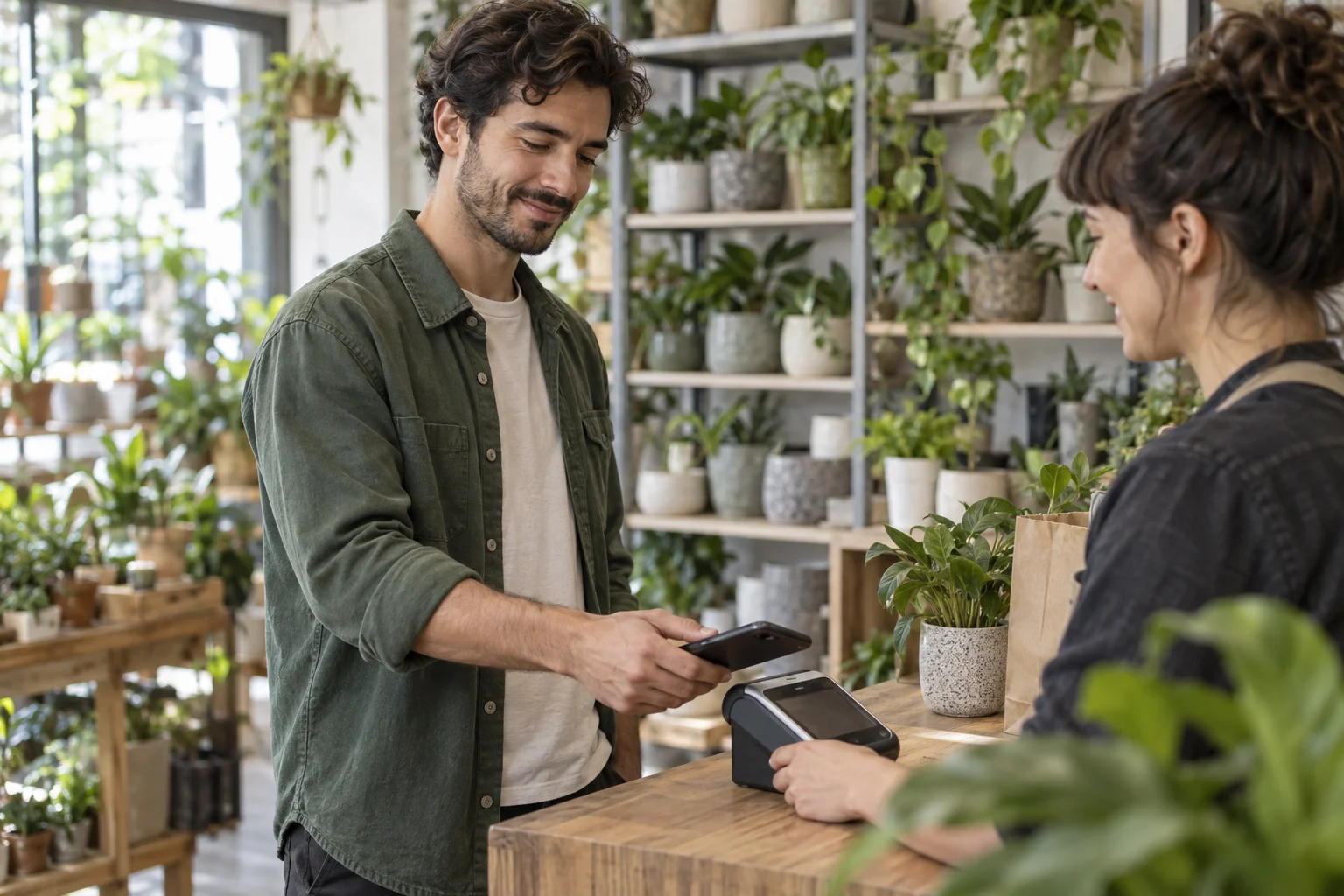 Ein Kunde bezahlt mit seinem Smartphone an einem Terminal im Pflanzengeschäft