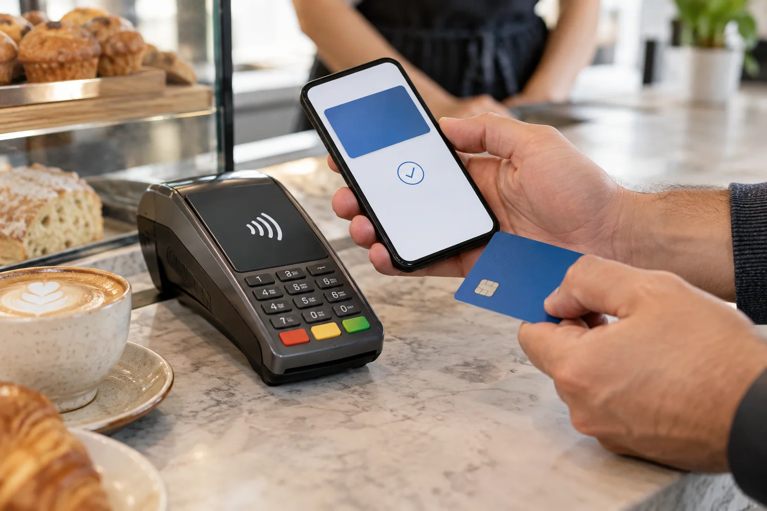 Hände halten Smartphone und unbeschriftete Karte neben einem kontaktlosen Terminal im Café
