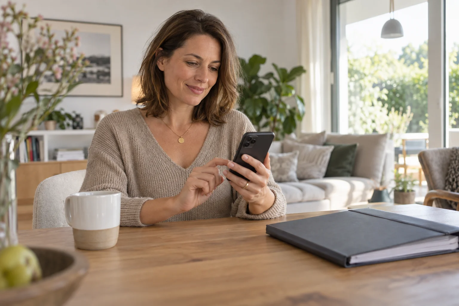 Ein persönliches Girokonto ohne eigene Lohnzahlung führen Eine Frau nutzt ihr Smartphone neben einer geschlossenen Unterlagenmappe am Tisch