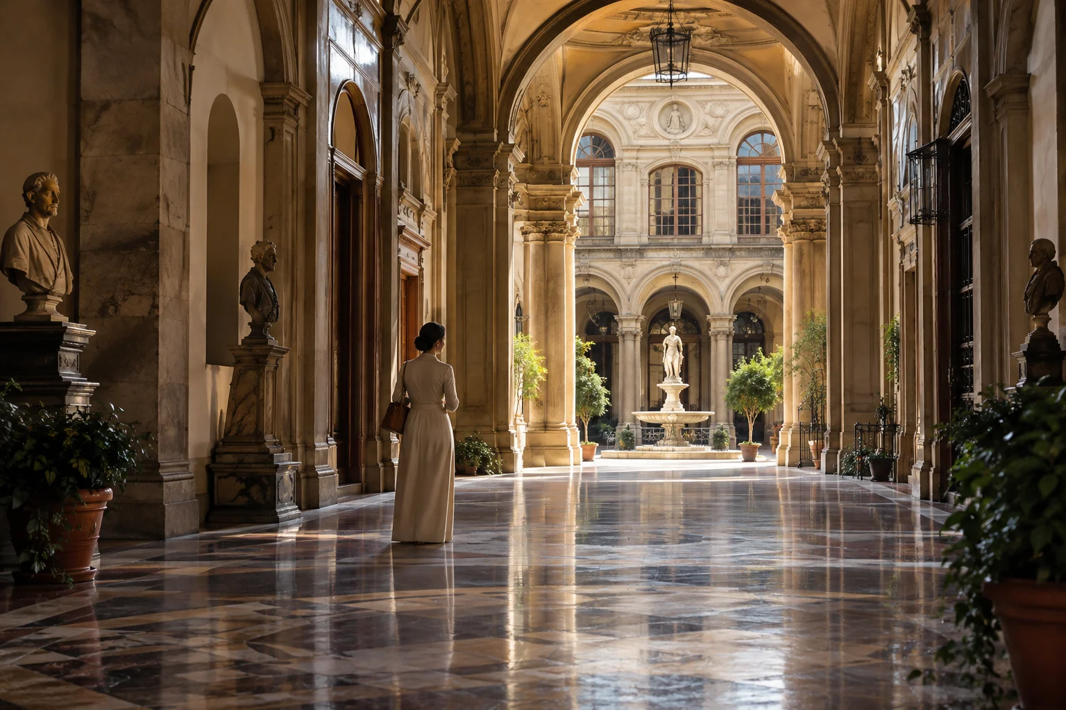 Blick durch einen historischen italienischen Arkadengang in einen sonnigen Innenhof