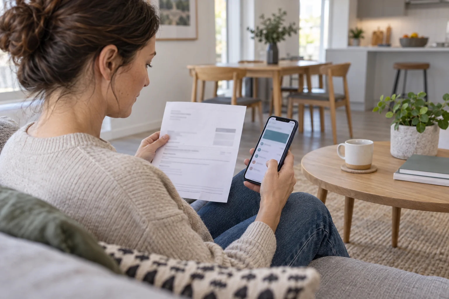 Girokonto und IBAN: Bestätigte Bankdaten übernehmen Frau vergleicht ein Bankdokument mit Angaben auf ihrem Smartphone