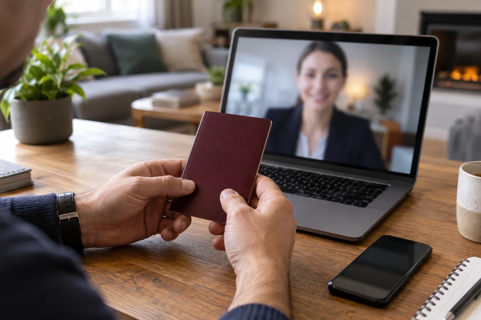 Identitätsprüfung und technische Eröffnungswege unterscheiden Hände halten einen geschlossenen Pass vor einem Laptop mit unscharfer Videoansicht