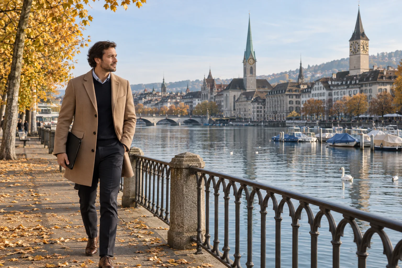 Ein Mann mit Dokumentenmappe geht an der Zürcher Uferpromenade vor historischen Gebäuden
