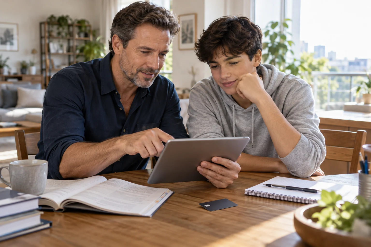 Ein Vater und sein jugendlicher Sohn vergleichen Informationen auf einem Tablet am Esstisch