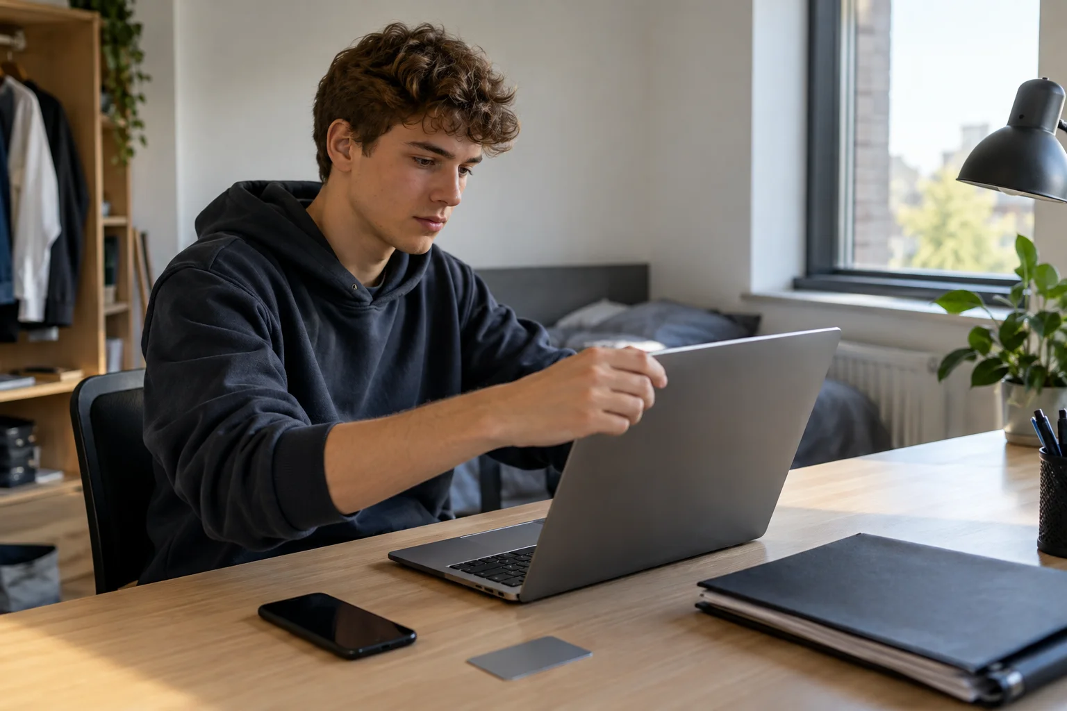 Junger Mann richtet seinen Laptop an einem Schreibtisch mit Smartphone und Dokumentenmappe ein