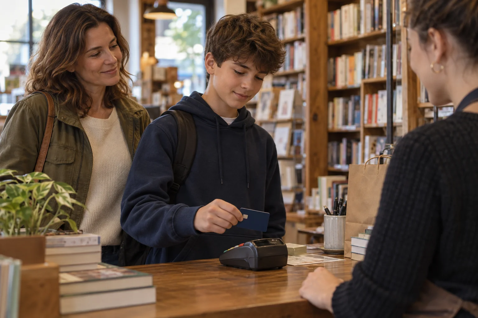Ein Jugendlicher bezahlt im Buchladen mit einer Karte, während seine Mutter ihn begleitet