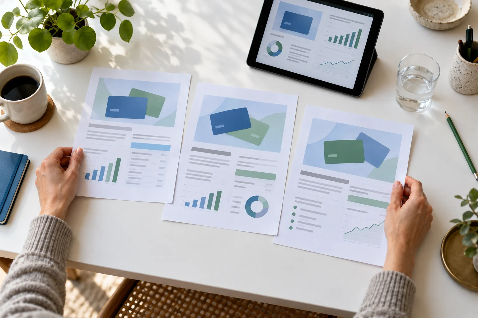 Hände vergleichen drei neutrale Finanzunterlagen mit Kartengrafiken und Diagrammen neben einem Tablet