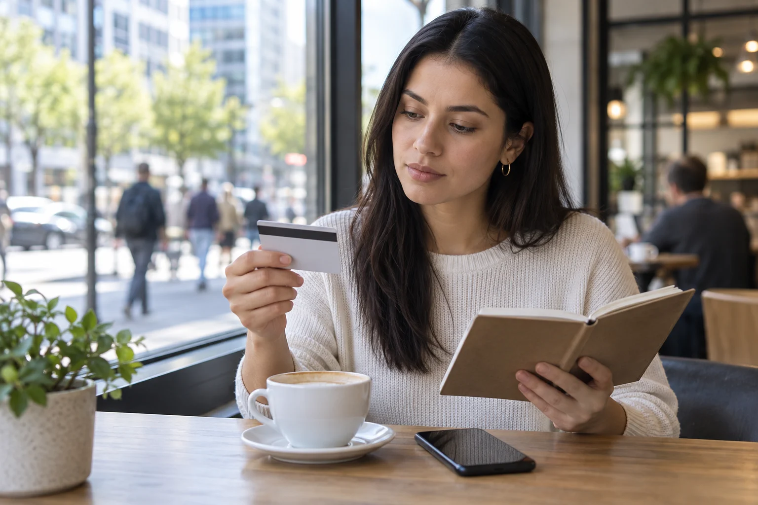 Eine Frau betrachtet eine Karte und ein Notizbuch am Fenster eines Cafés