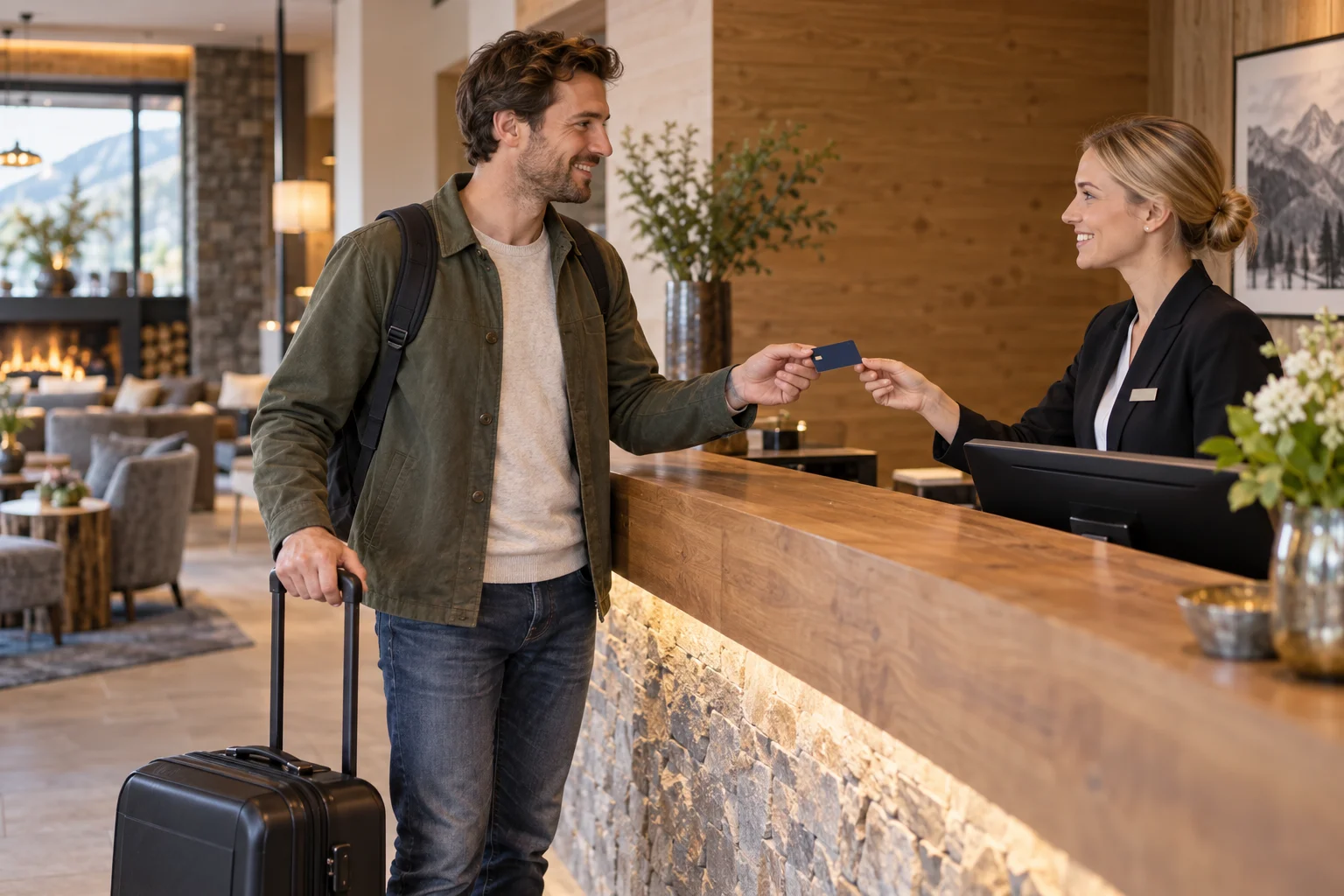 Ein Reisender reicht an einer Hotelrezeption eine dunkelblaue Zahlungskarte über den Tresen